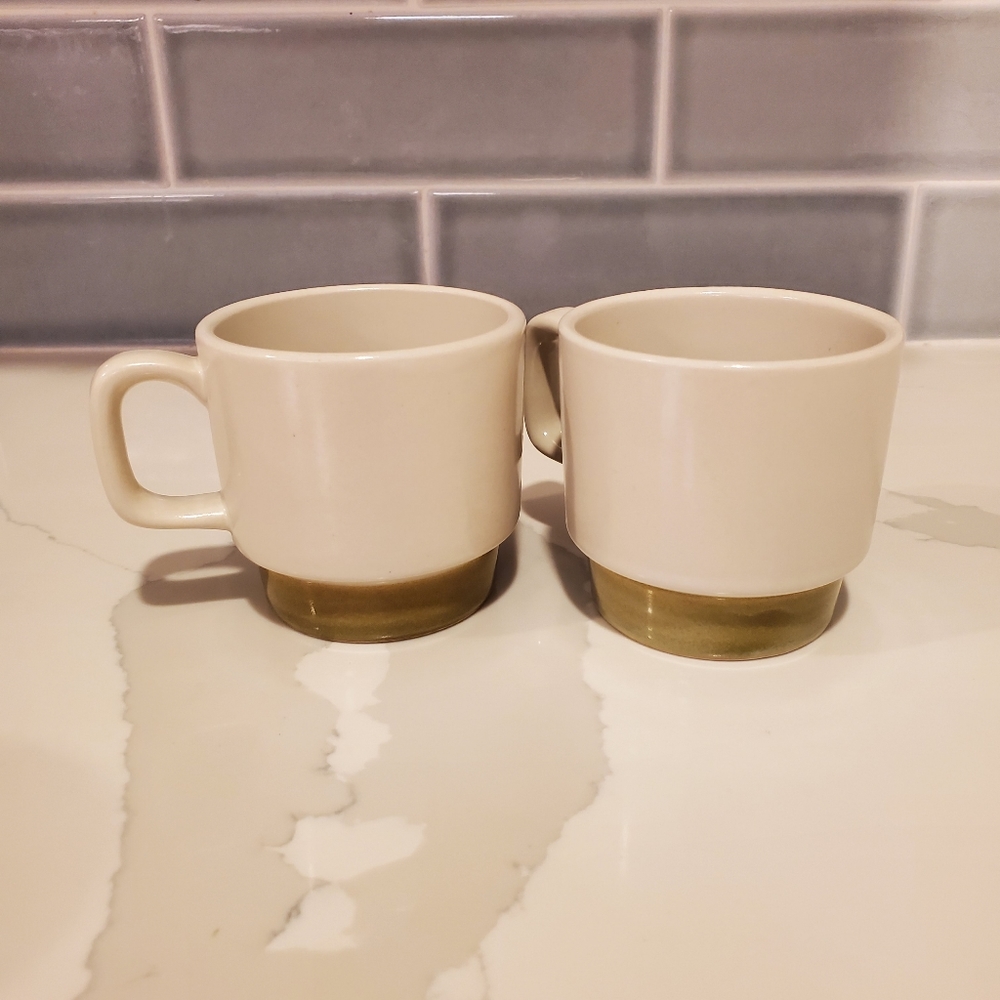 Stoneware stackable mugs, off white and green, made in Japan, 1 pair